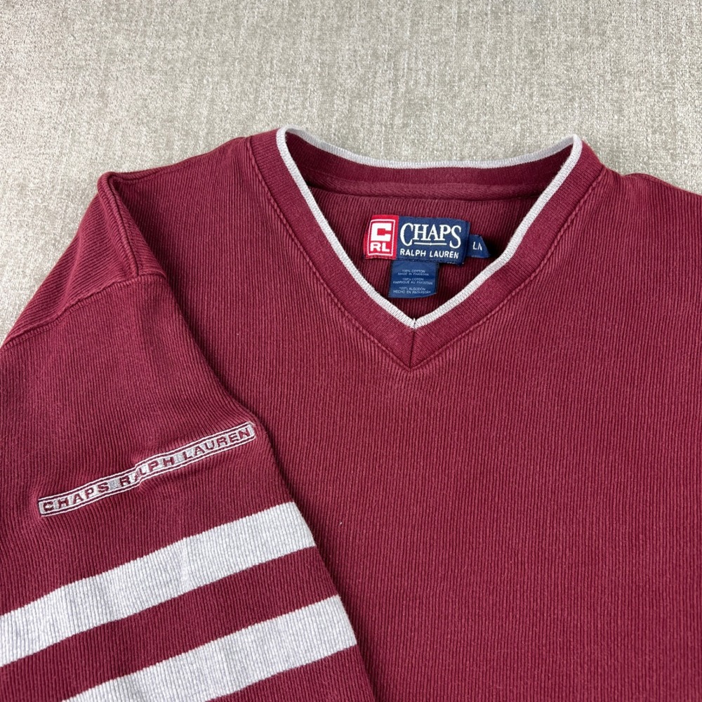 Chaps Ralph Lauren Pullover Mens Large Burgundy V-Neck Ribbed Striped Sleeve Y2K - Picture 1 of 6